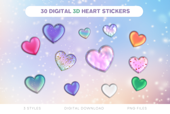 Elevate Your Designs with 3D Iridescent Heart Stickers Clipart